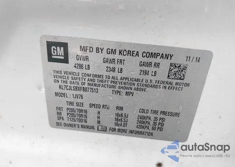 2015 Chevrolet Trax Lt z USA, uszkodzony, nr VIN KL7CJLSBXFB077513